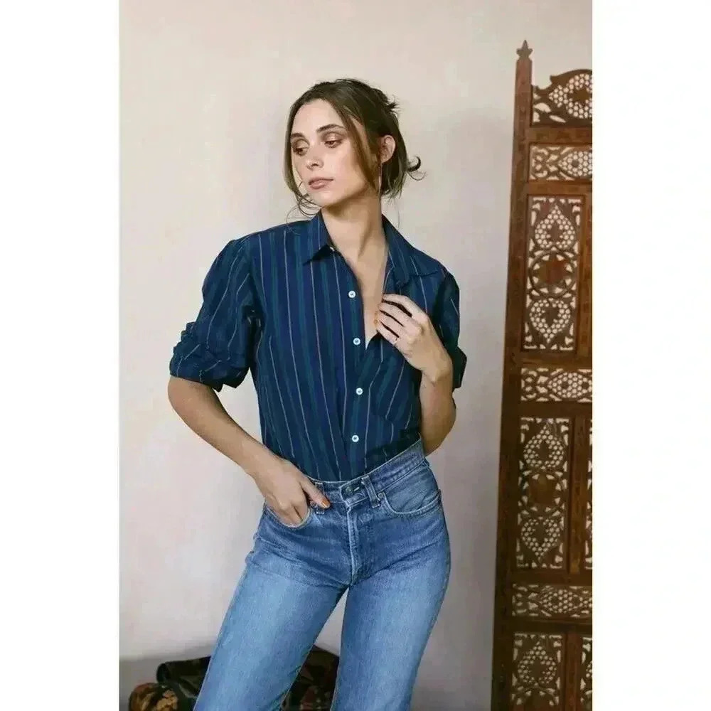 Mille Resort Travel Sofia Greenwich Stripe Navy Blue Button Down New Sz XS $158